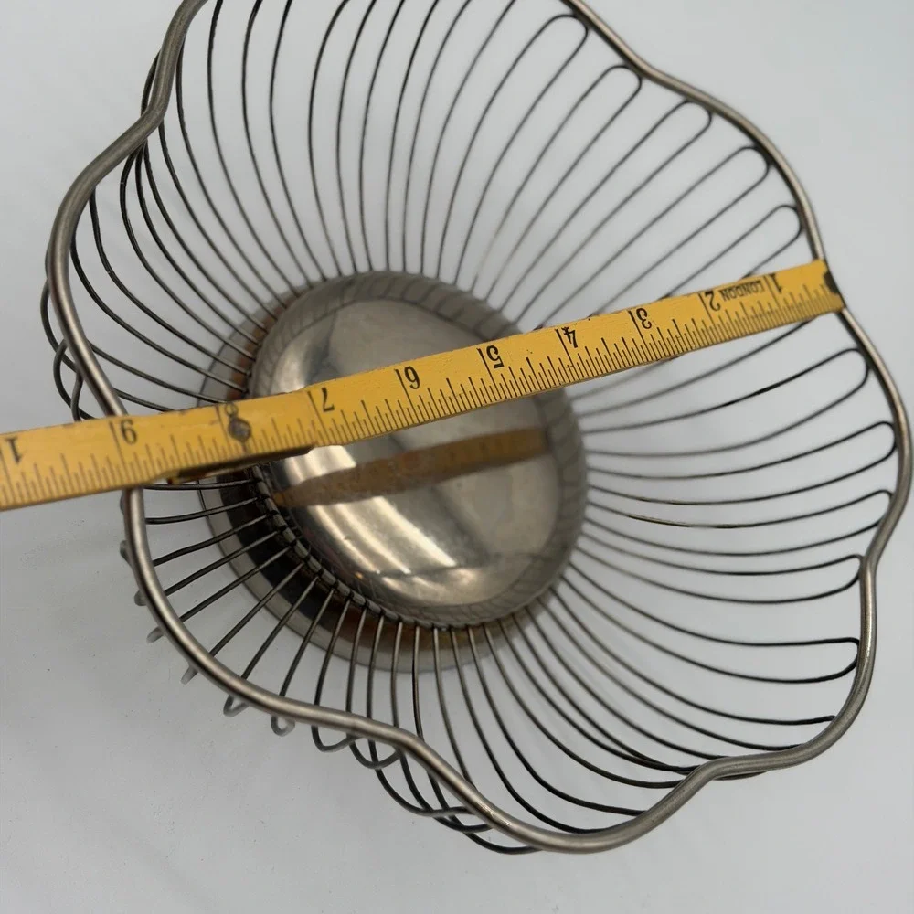 Vintage Silver Tone Wire Fruit Basket Scalloped Rim Mid Century Modern Style